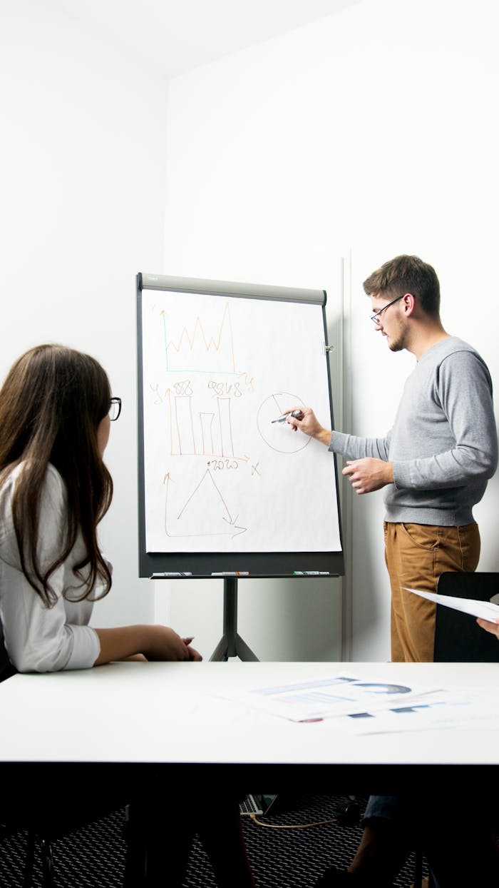 A businessperson giving a presentation with charts in a modern office environment.